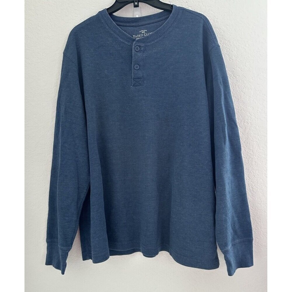 Faded Glory Waffle Knit Thermal Henley Shirt Men's 2XL Blue Long Sleeve Grunge